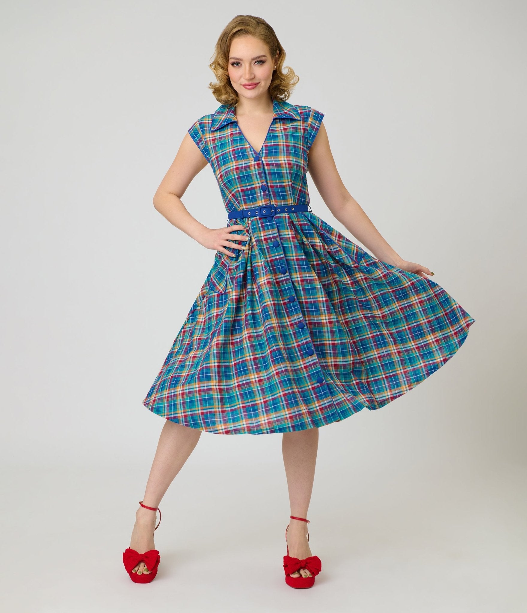 Unique Vintage Blue Madras Plaid Shirt Swing Dress