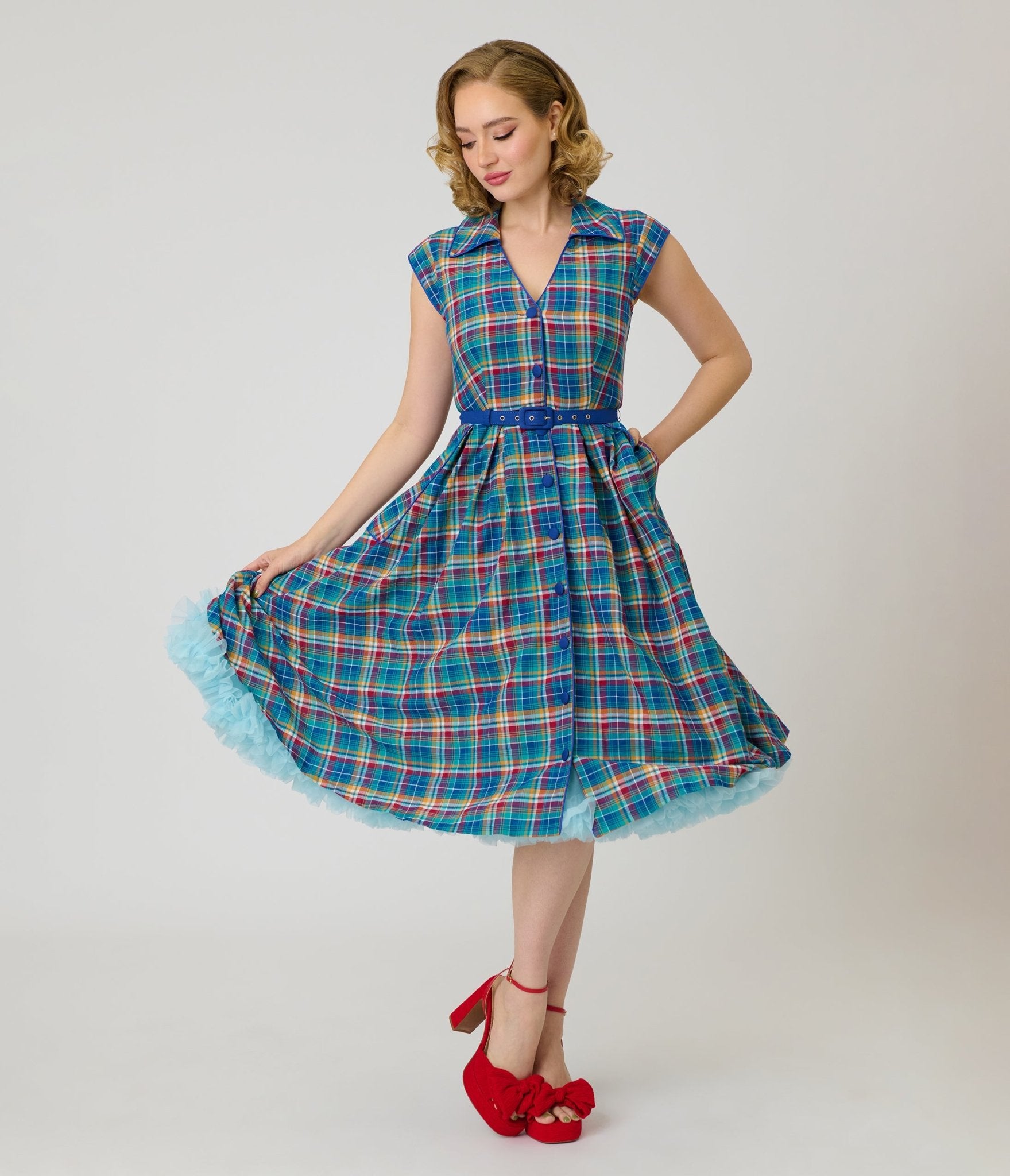 Unique Vintage Blue Madras Plaid Shirt Swing Dress - Unique Vintage - Womens, DRESSES, SWING
