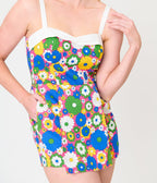 Unique Vintage Blue Mod Floral Skirted Dolly Romper - Unique Vintage - Womens, BOTTOMS, ROMPERS AND JUMPSUITS