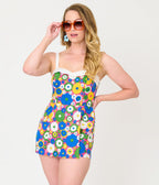 Unique Vintage Blue Mod Floral Skirted Dolly Romper - Unique Vintage - Womens, BOTTOMS, ROMPERS AND JUMPSUITS