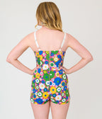 Unique Vintage Blue Mod Floral Skirted Dolly Romper - Unique Vintage - Womens, BOTTOMS, ROMPERS AND JUMPSUITS