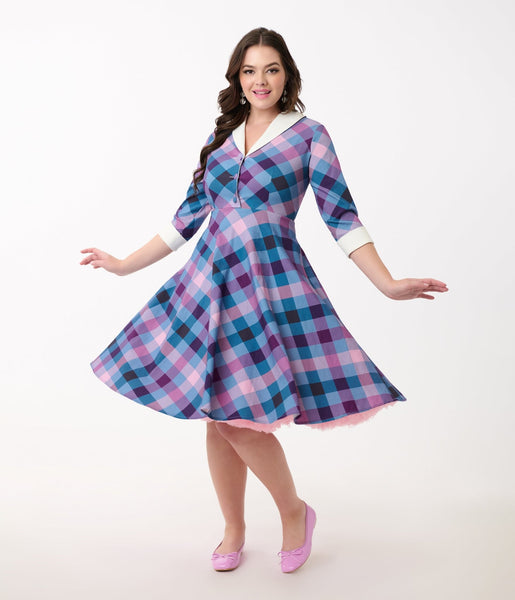 purple blue dress Unique Vintage Blue & Purple Madras Plaid Shirt Dress