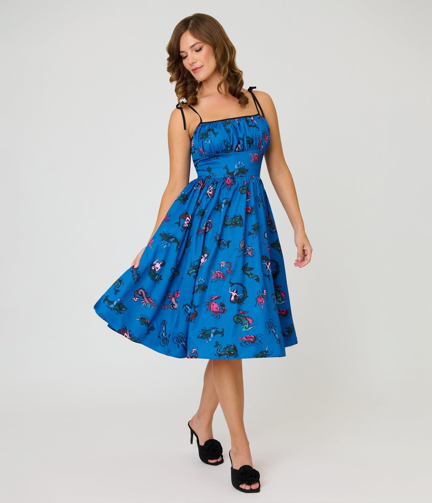 Unique Vintage Blue Sea Creatures Sleeveless Swing Dress
