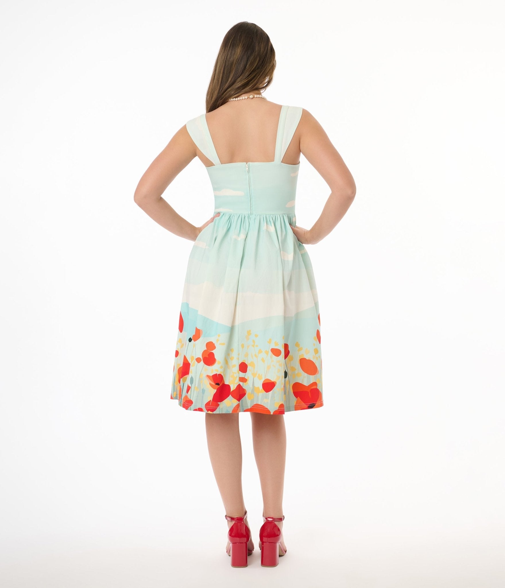 Unique Vintage Blue Sky & Poppy Field Sleeveless Swing Dress - Unique Vintage - Womens, DRESSES, SWING