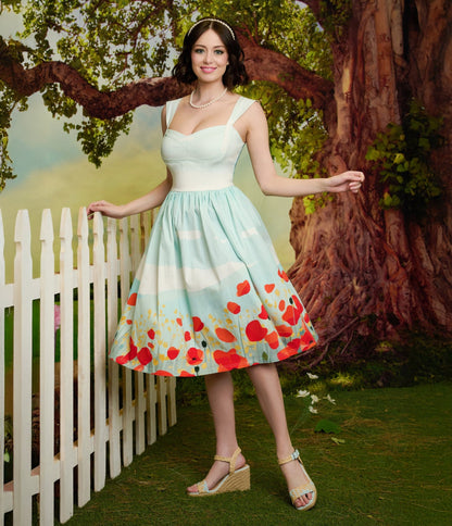 Unique Vintage Blue Sky & Poppy Field Sleeveless Swing Dress - Unique Vintage - Womens, DRESSES, SWING