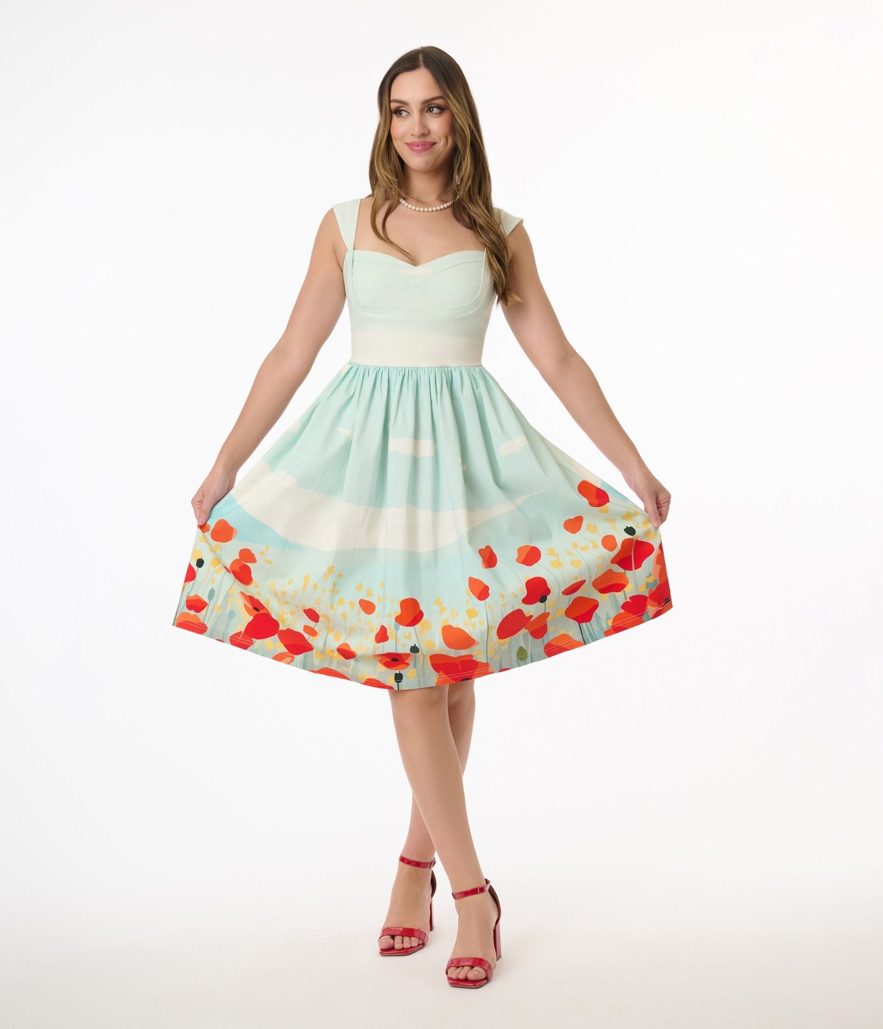 Unique Vintage Blue Sky & Poppy Field Sleeveless Swing Dress - Unique Vintage - Womens, DRESSES, SWING