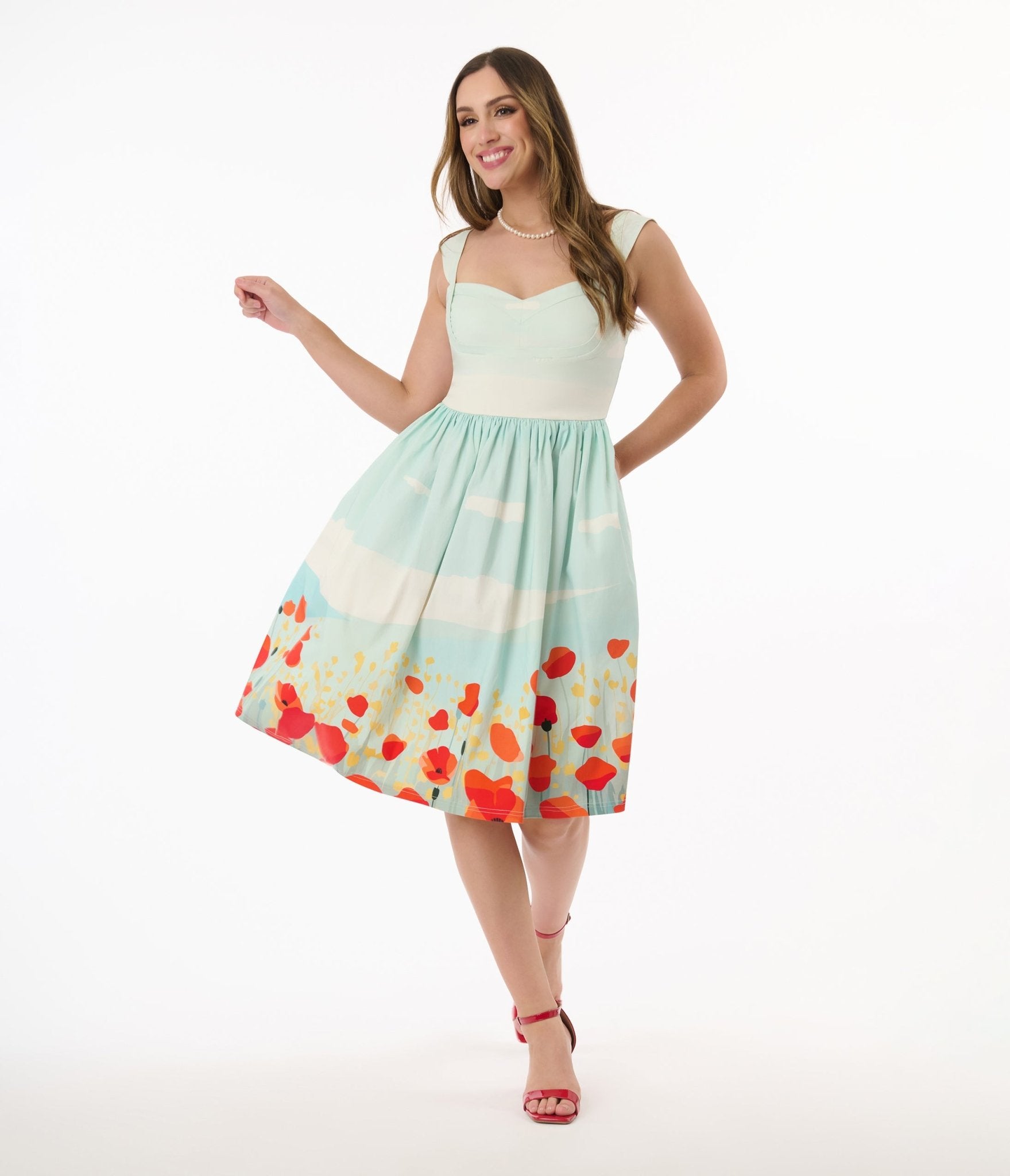 Unique Vintage Blue Sky & Poppy Field Sleeveless Swing Dress - Unique Vintage - Womens, DRESSES, SWING