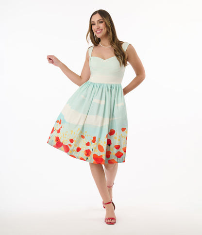 Unique Vintage Blue Sky & Poppy Field Sleeveless Swing Dress - Unique Vintage - Womens, DRESSES, SWING