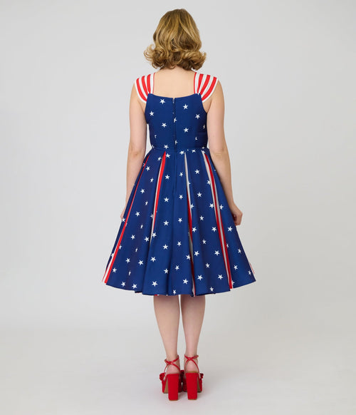 Unique Vintage Blue & Stars Americana Striped Swing Dress