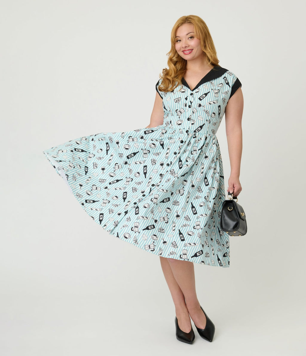 Unique Vintage Blue Stripe & Paris Cafe Print Swing Dress - Unique Vintage - Womens, DRESSES, SWING