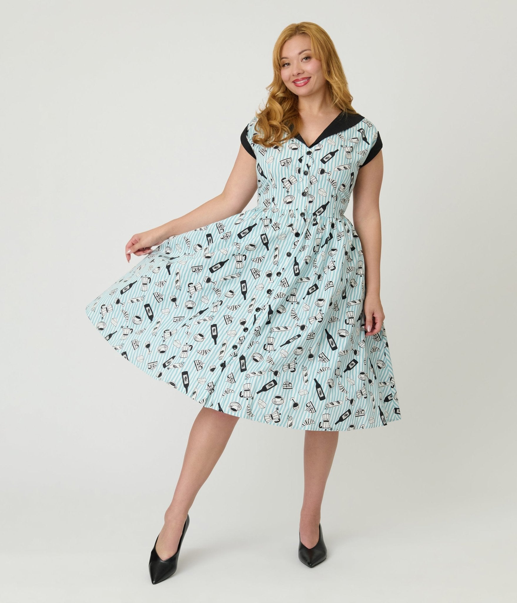 Unique Vintage Blue Stripe & Paris Cafe Print Swing Dress - Unique Vintage - Womens, DRESSES, SWING