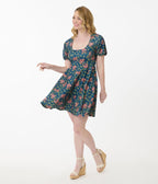 Unique Vintage Blue Summer Sloth Print Fit & Flare Dress - Unique Vintage - Womens, DRESSES, FIT AND FLARE