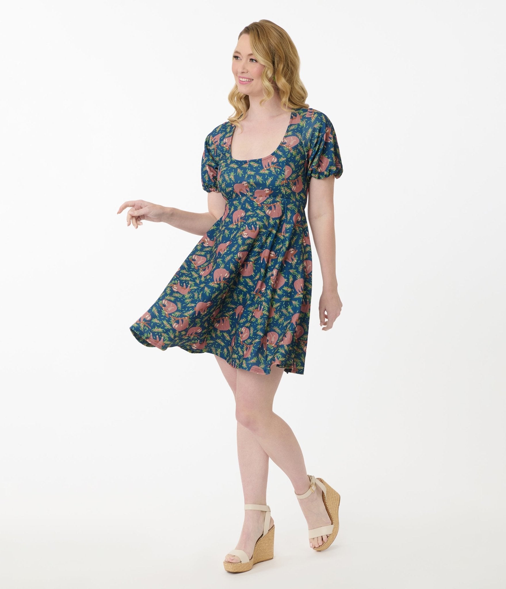 Unique Vintage Blue Summer Sloth Print Fit & Flare Dress - Unique Vintage - Womens, DRESSES, FIT AND FLARE