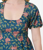 Unique Vintage Blue Summer Sloth Print Fit & Flare Dress - Unique Vintage - Womens, DRESSES, FIT AND FLARE