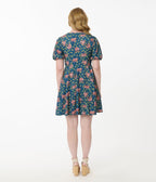 Unique Vintage Blue Summer Sloth Print Fit & Flare Dress - Unique Vintage - Womens, DRESSES, FIT AND FLARE