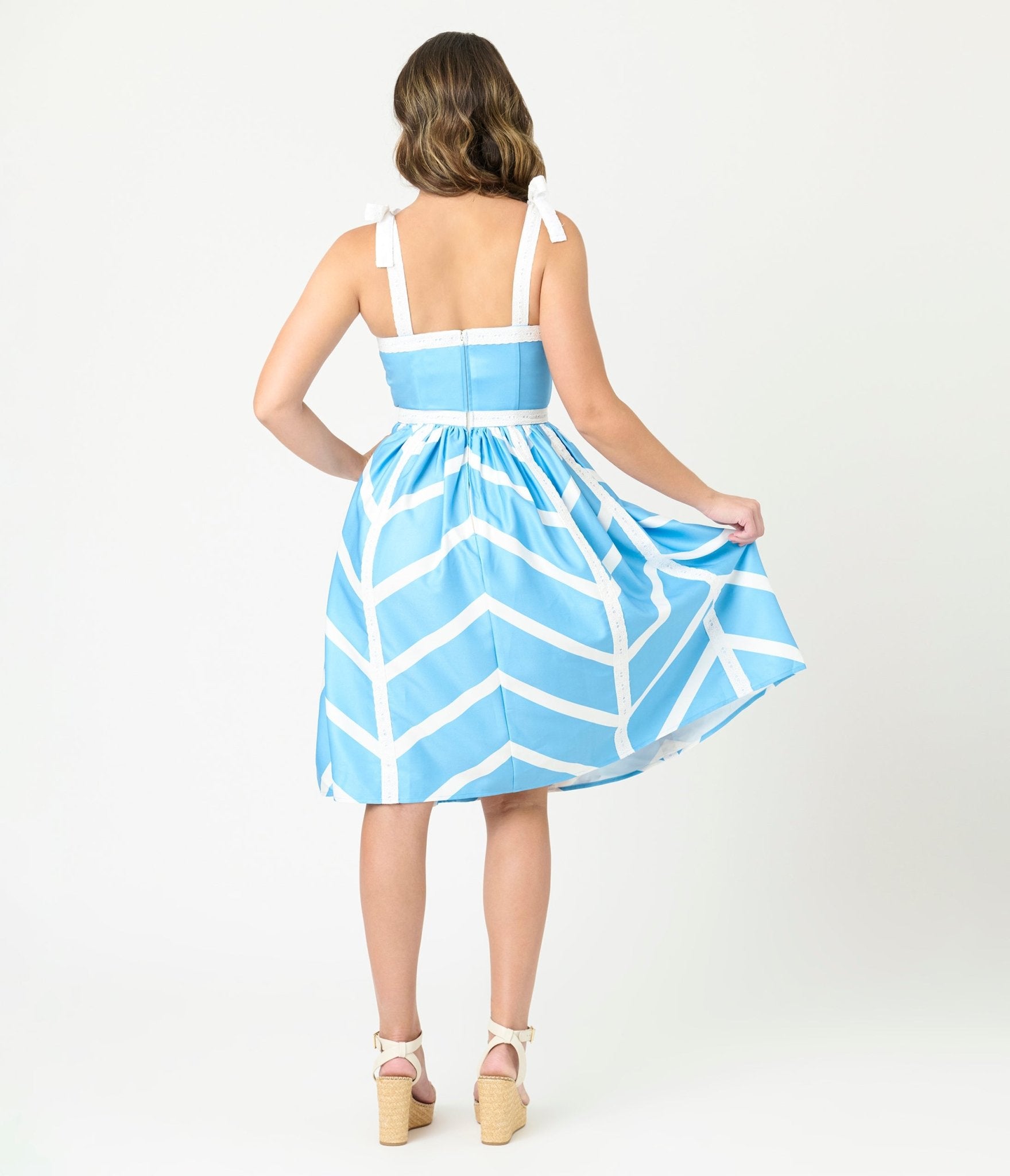 Unique Vintage Blue & White Chevron Eyelet Swing Dress - Unique Vintage - Womens, DRESSES, SWING