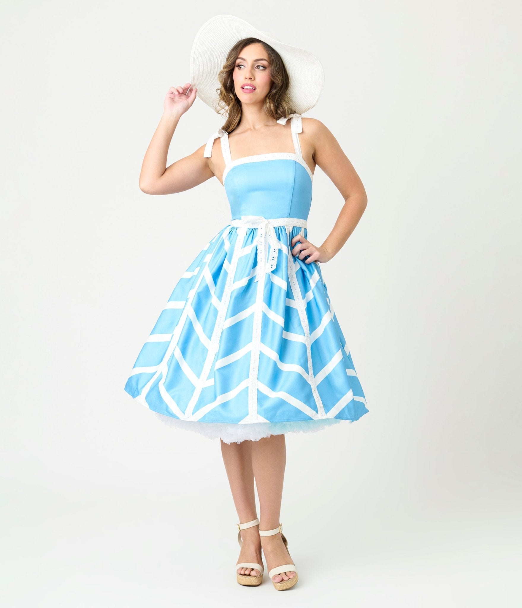 Unique Vintage Blue & White Chevron Eyelet Swing Dress - Unique Vintage - Womens, DRESSES, SWING