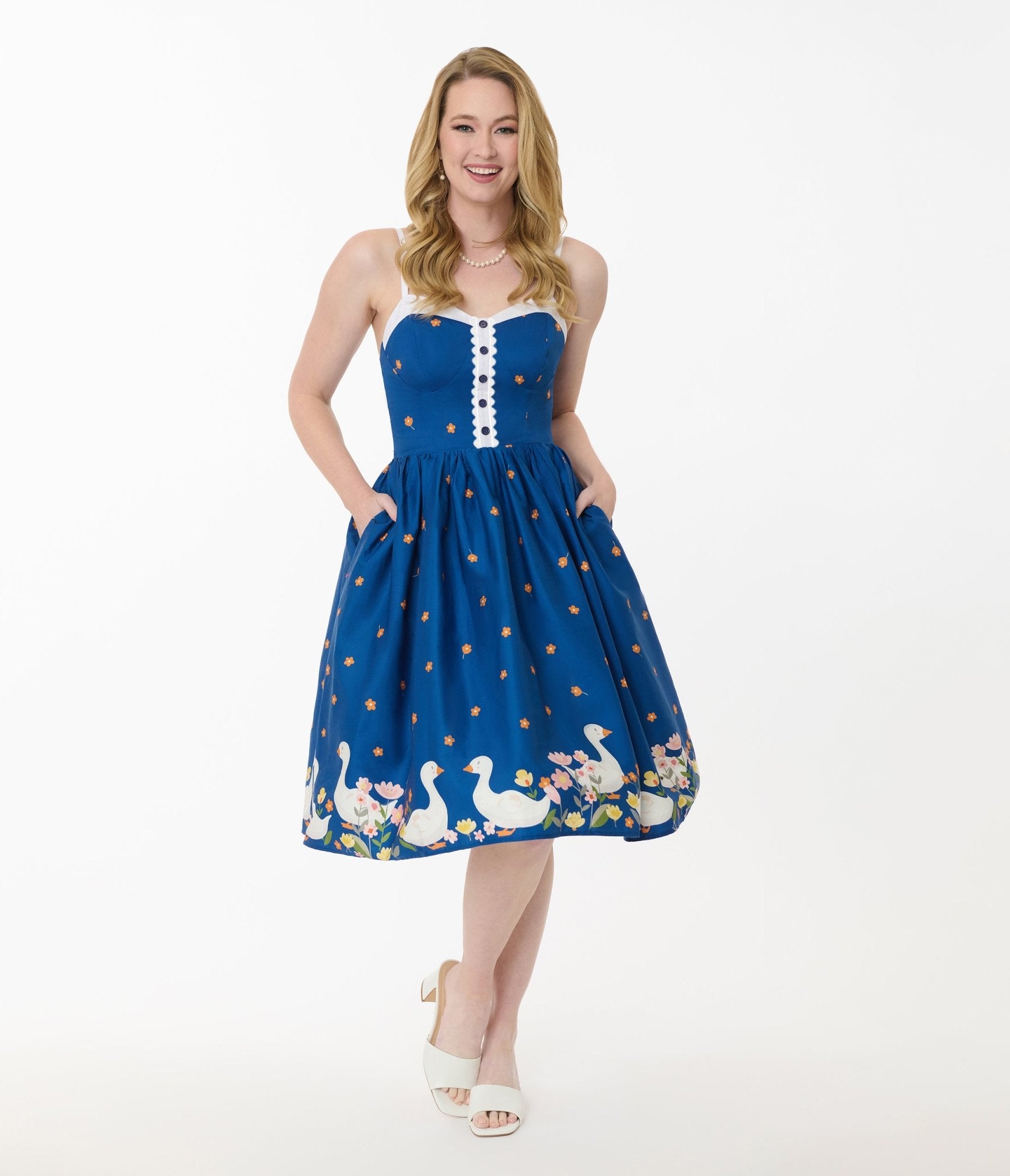 Unique Vintage Blue & White Goose Cotton Swing Dress - Unique Vintage - Womens, DRESSES, SWING