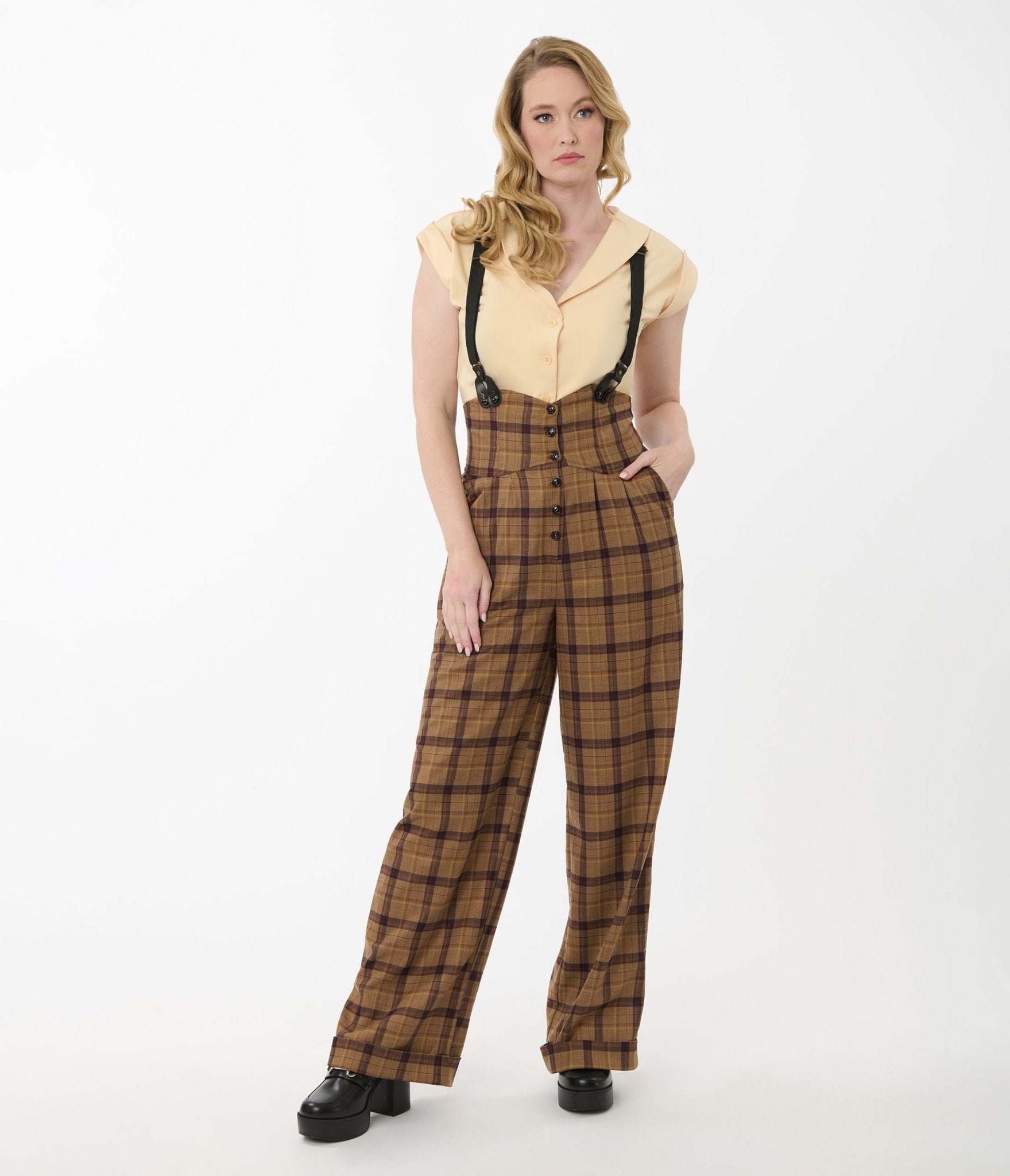 Unique Vintage Brown Plaid Thelma Suspender Pants - Unique Vintage - Womens, BOTTOMS, PANTS