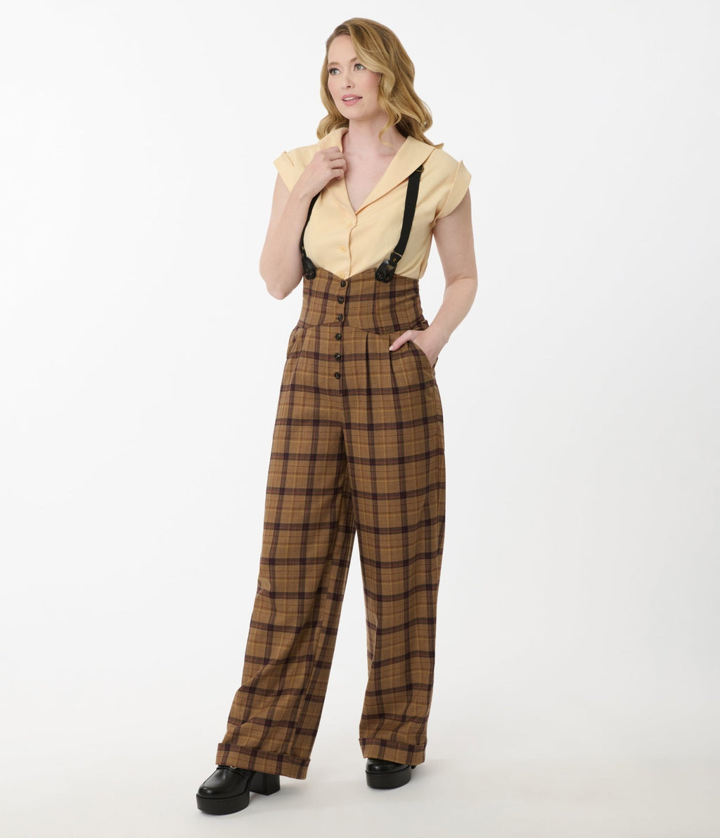 Unique Vintage Brown Plaid Thelma Suspender Pants - Unique Vintage - Womens, BOTTOMS, PANTS