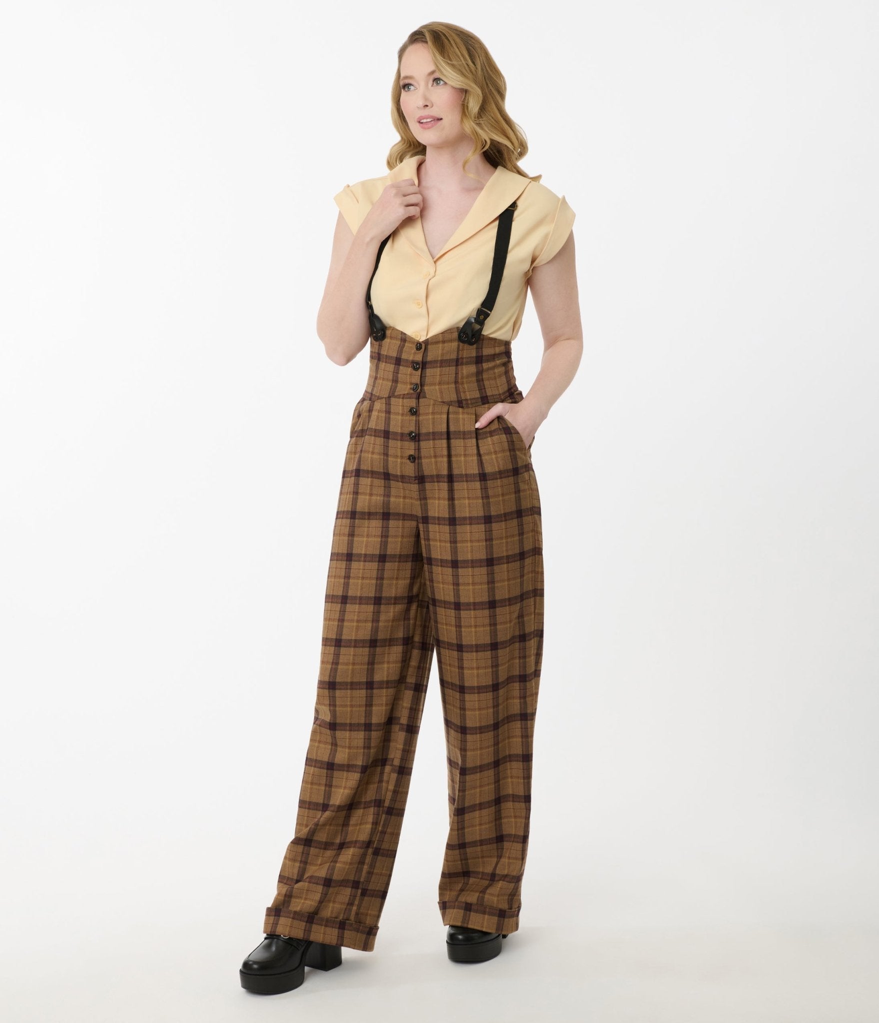 Unique Vintage Brown Plaid Thelma Suspender Pants - Unique Vintage - Womens, BOTTOMS, PANTS