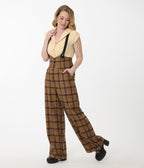 Unique Vintage Brown Plaid Thelma Suspender Pants - Unique Vintage - Womens, BOTTOMS, PANTS
