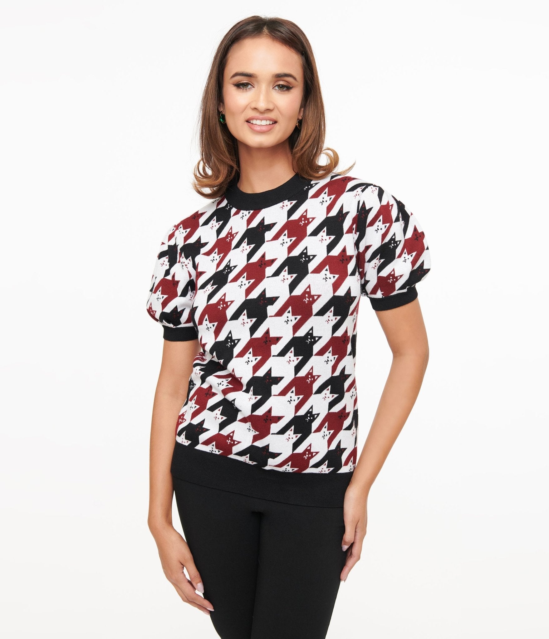 Unique Vintage Burgundy & Black Cat Houndstooth Paige Sweater - Unique Vintage - Womens, TOPS, SWEATERS