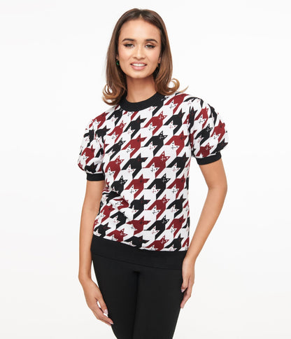 Unique Vintage Burgundy & Black Cat Houndstooth Paige Sweater - Unique Vintage - Womens, TOPS, SWEATERS