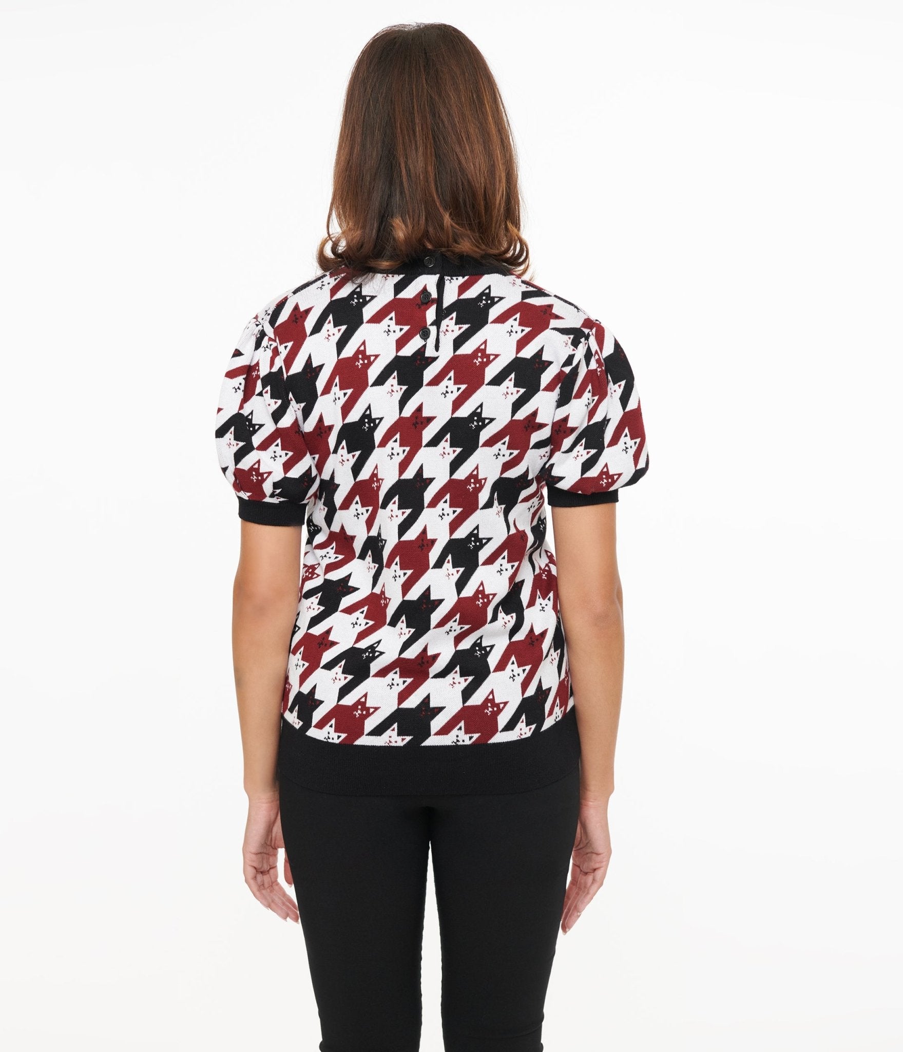 Unique Vintage Burgundy & Black Cat Houndstooth Paige Sweater - Unique Vintage - Womens, TOPS, SWEATERS