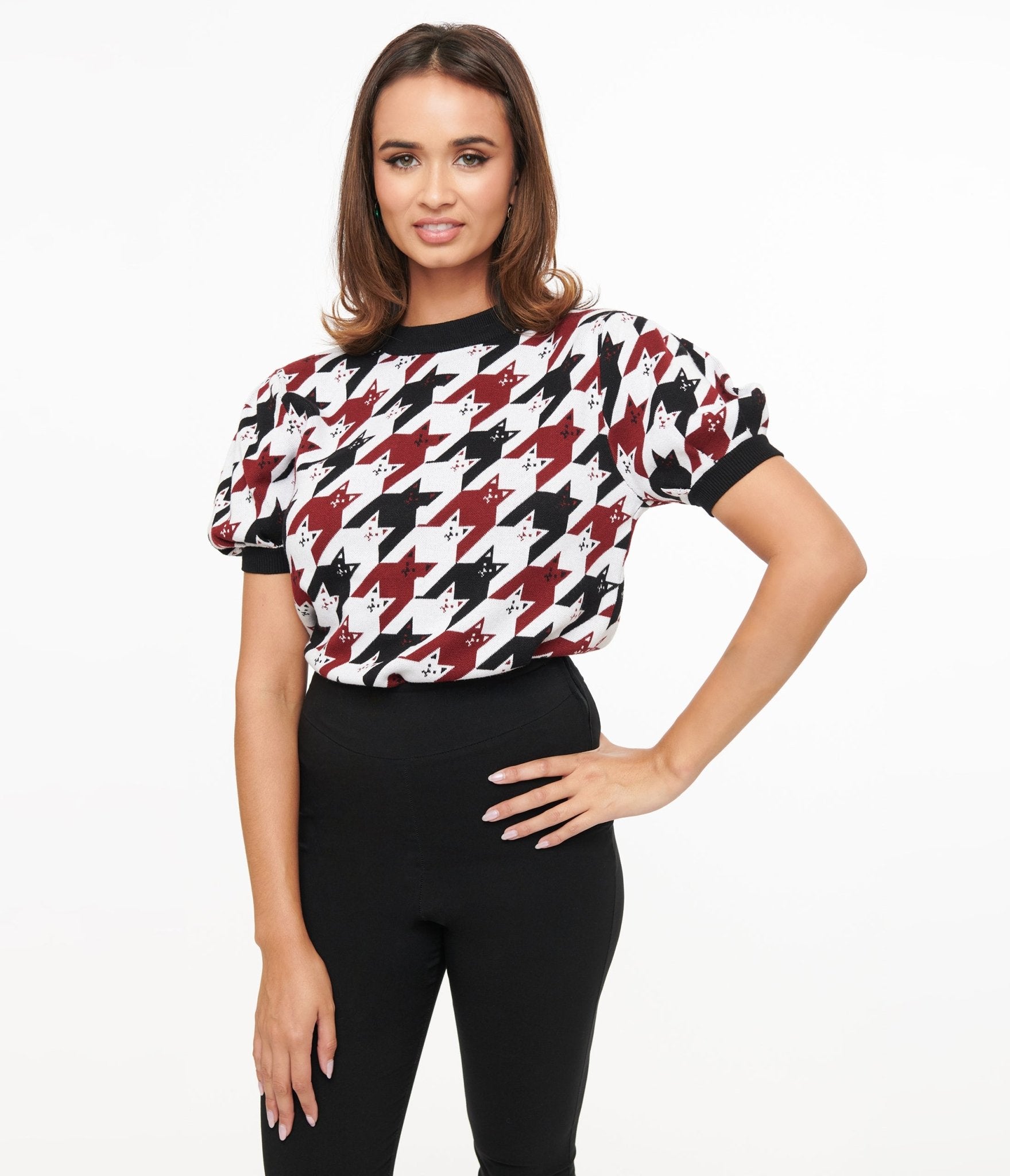 Unique Vintage Burgundy & Black Cat Houndstooth Paige Sweater - Unique Vintage - Womens, TOPS, SWEATERS