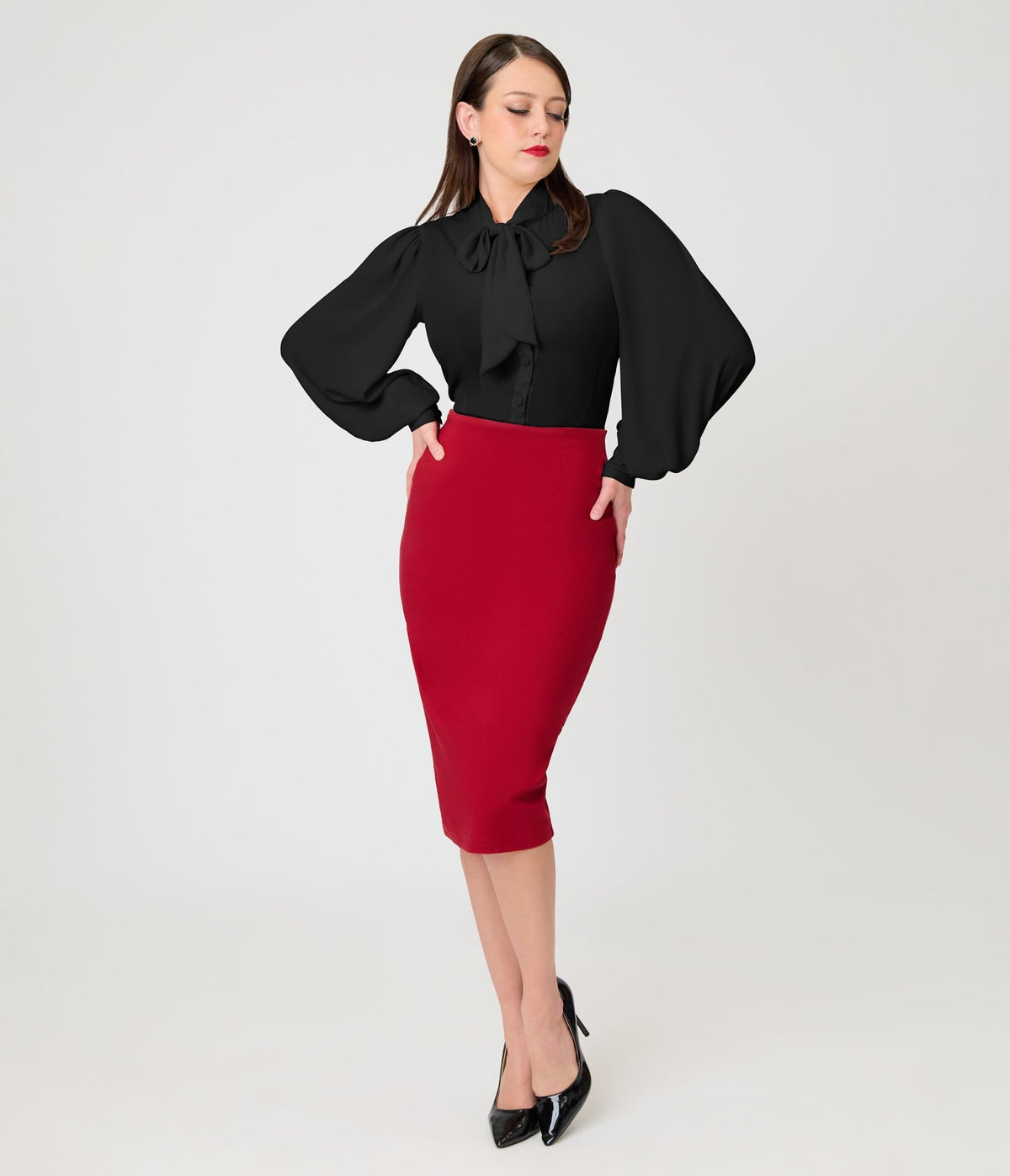 Unique Vintage Burgundy Button Pencil Skirt - Unique Vintage - Pencil Skirts