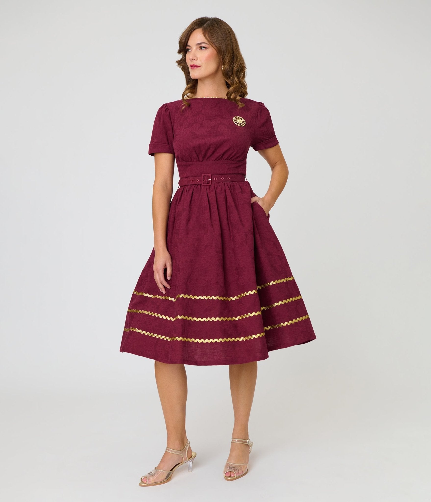 Unique Vintage Burgundy Celestial Pin Swing Dress S/4-6