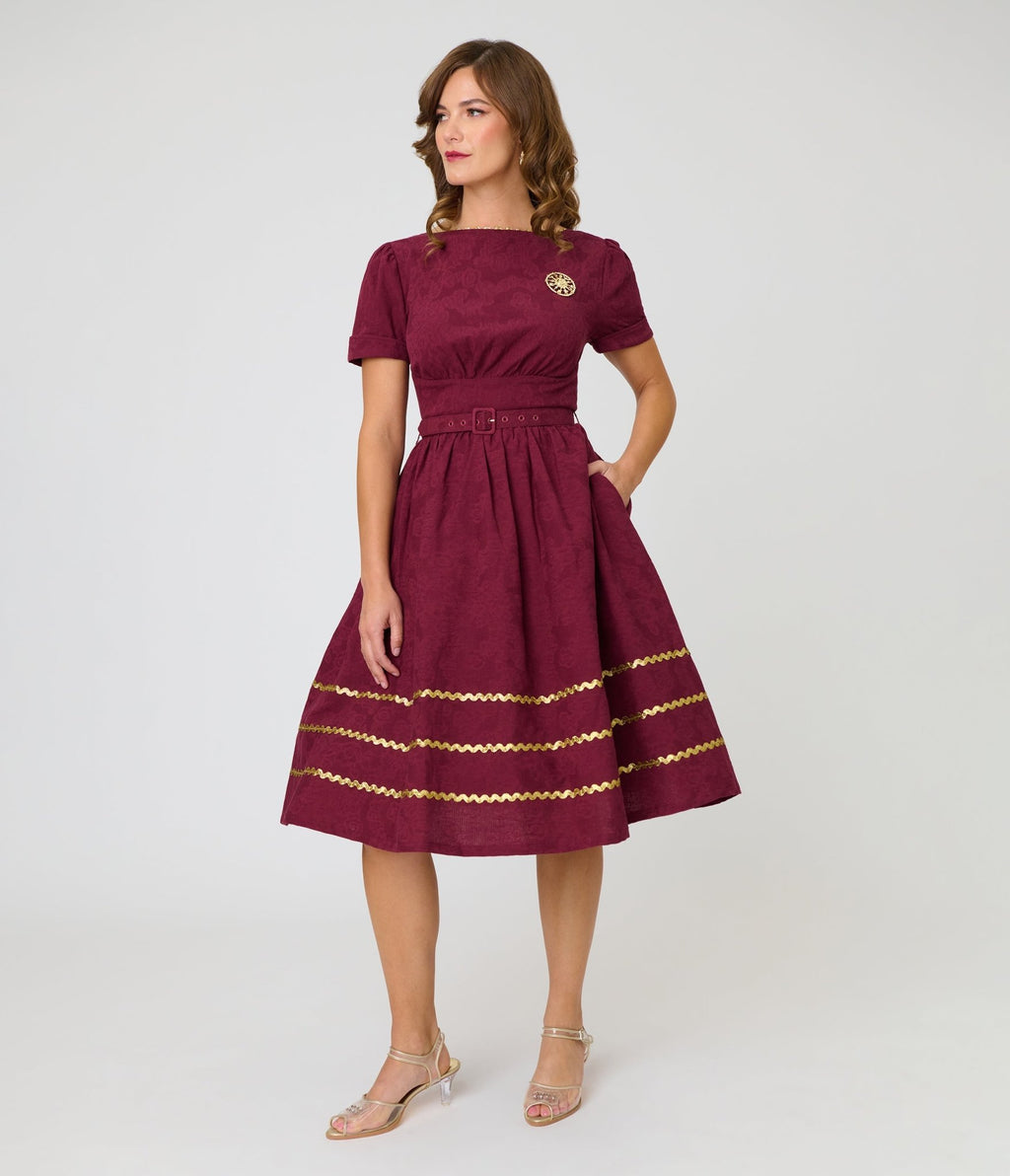 Unique Vintage Burgundy Celestial Pin Swing Dress - Unique Vintage - Womens, DRESSES, SWING