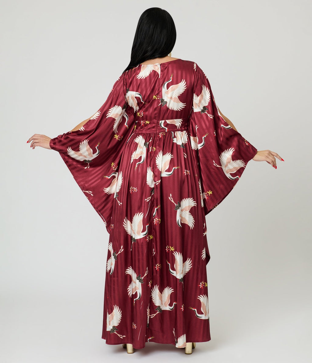 Unique Vintage Burgundy Crane Flutter Sleeve Caftan - Unique Vintage - Womens, DRESSES, MAXI