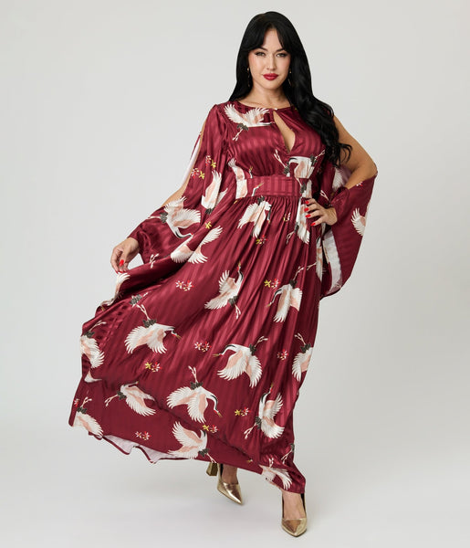Unique Vintage Burgundy Crane Flutter Sleeve Caftan