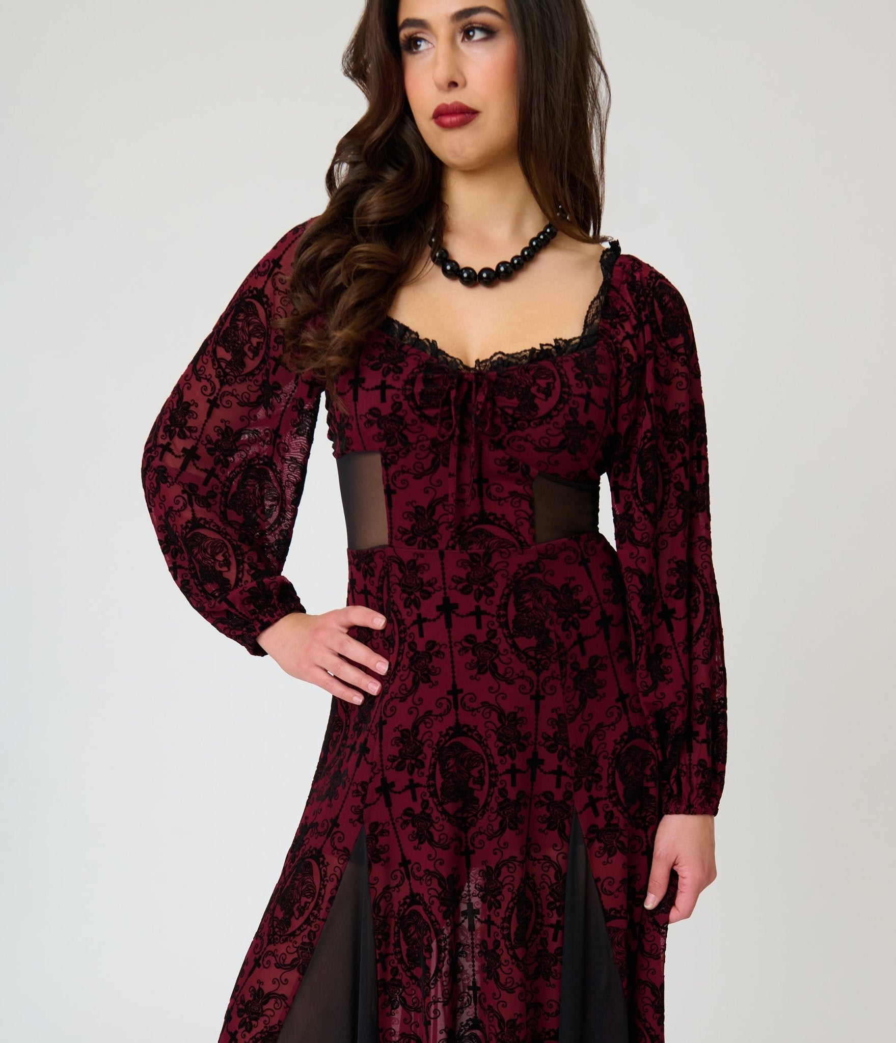 Unique Vintage Burgundy Flocked Godet Maxi Dress - Unique Vintage - Womens, DRESSES, MAXI