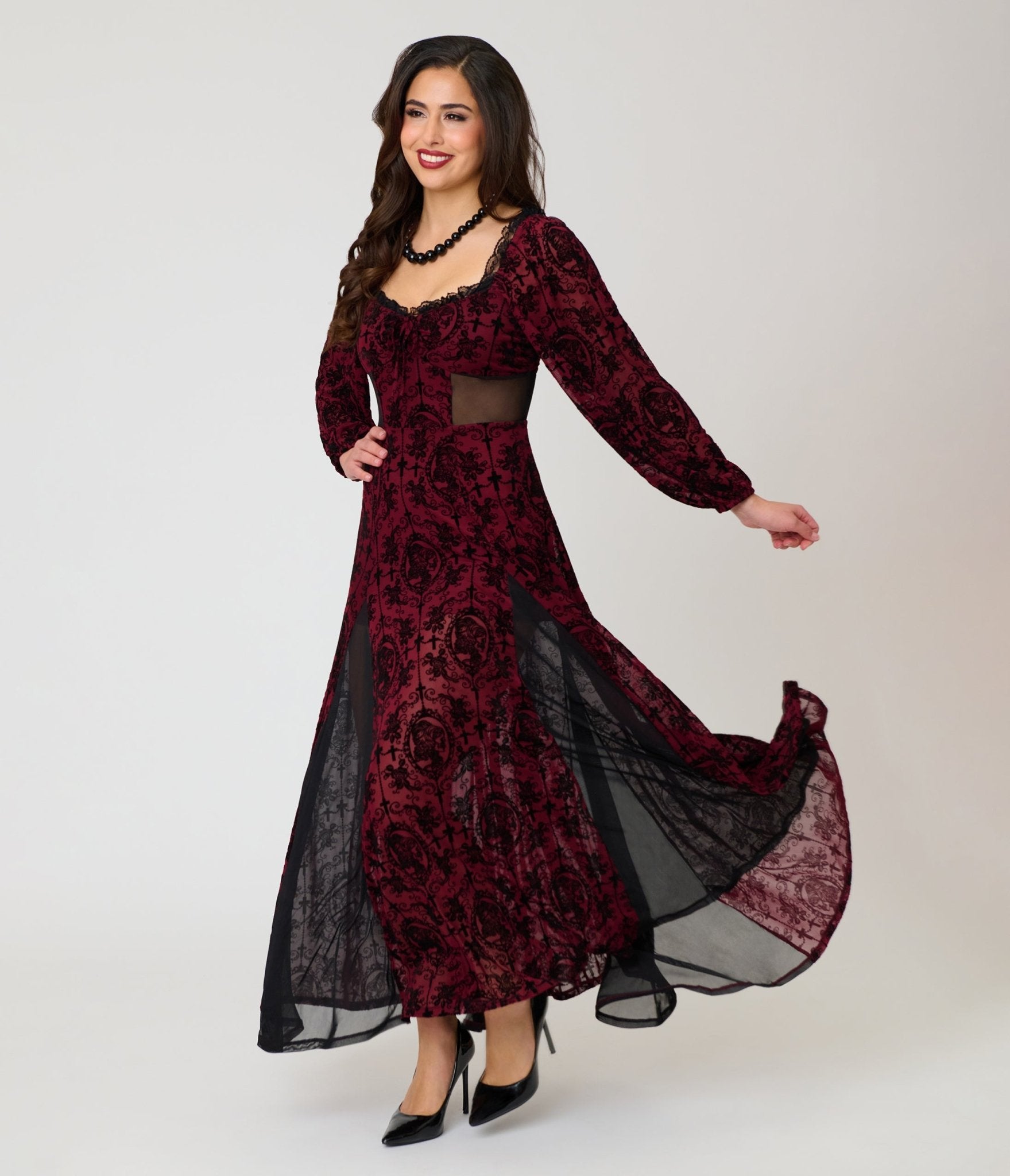 Unique Vintage Burgundy Flocked Godet Maxi Dress S/4-6
