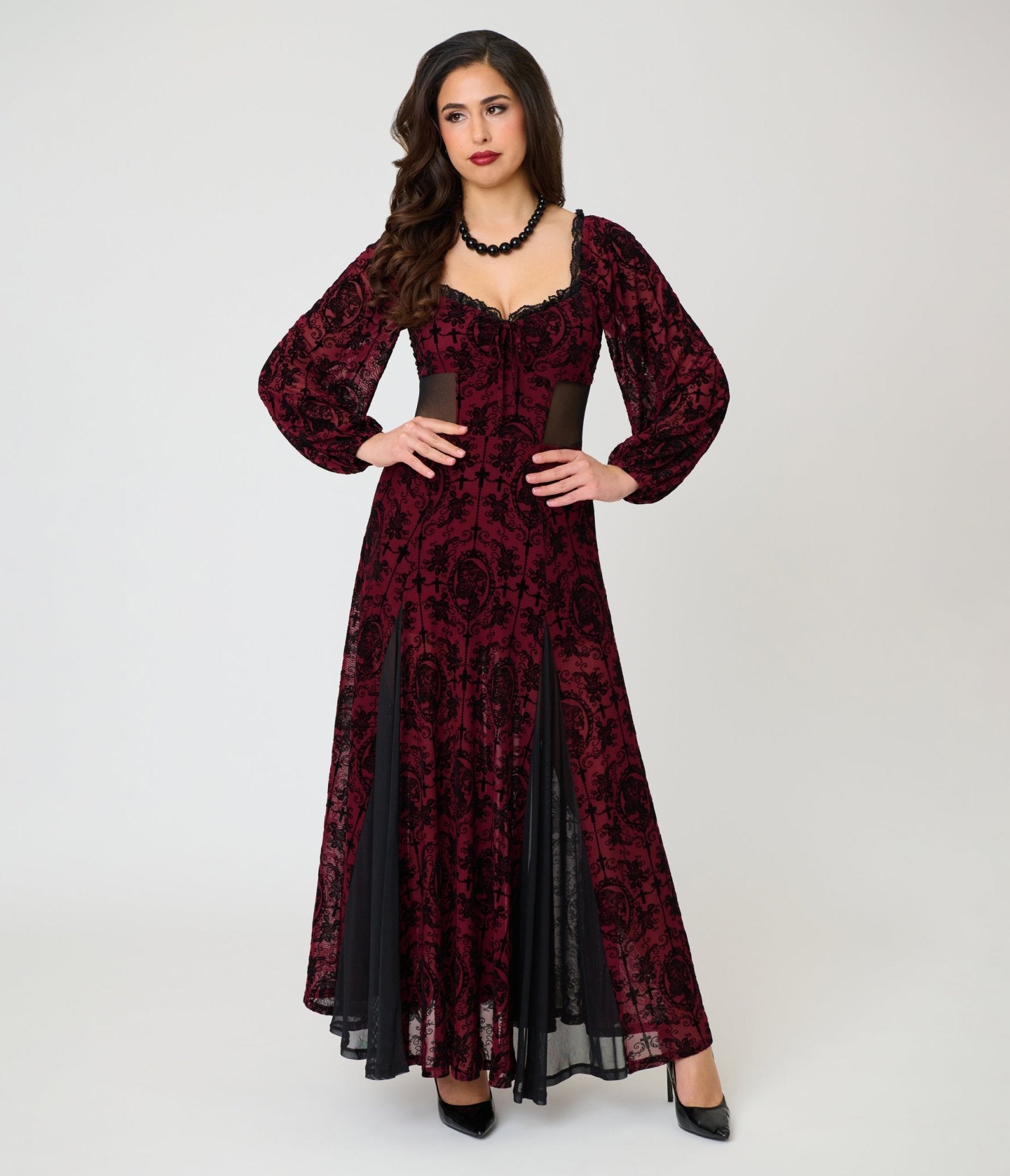 Unique Vintage Burgundy Flocked Godet Maxi Dress - Unique Vintage - Womens, DRESSES, MAXI