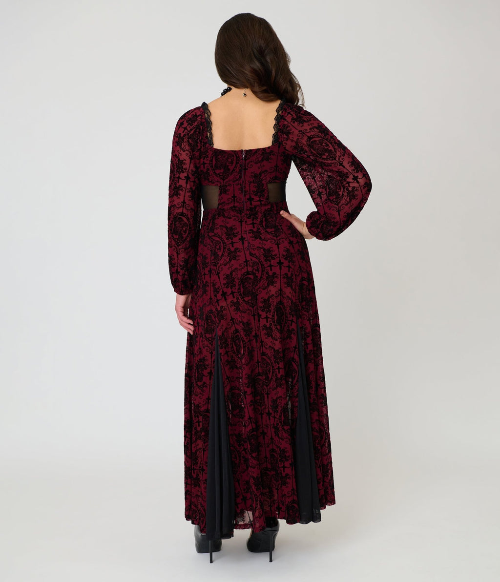 Unique Vintage Burgundy Flocked Godet Maxi Dress - Unique Vintage - Womens, DRESSES, MAXI