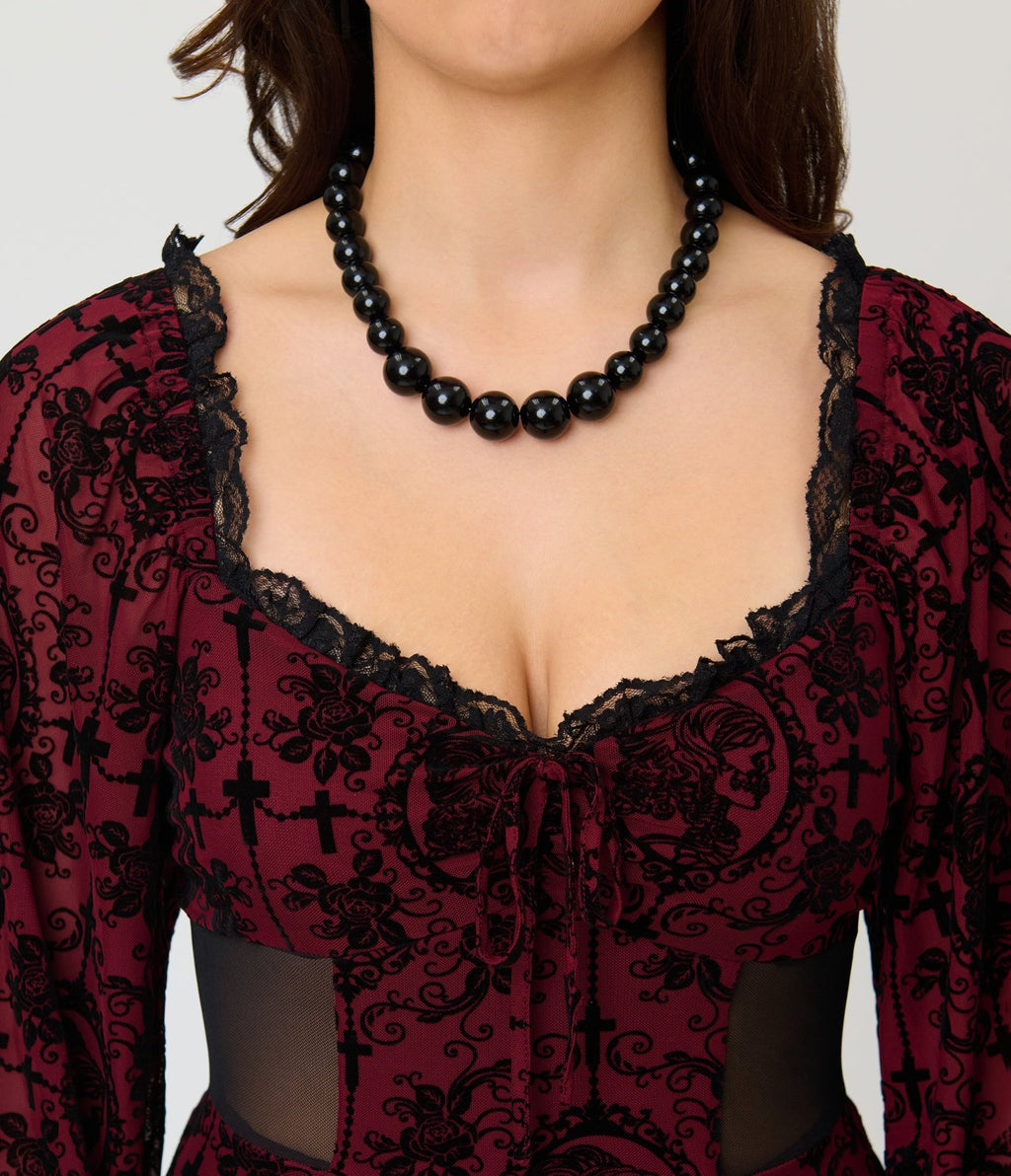 Unique Vintage Burgundy Flocked Godet Maxi Dress - Unique Vintage - Womens, DRESSES, MAXI