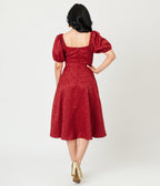 Unique Vintage Burgundy Floral Jacquard Sweetheart Swing Dress - Unique Vintage - Womens, DRESSES, SWING