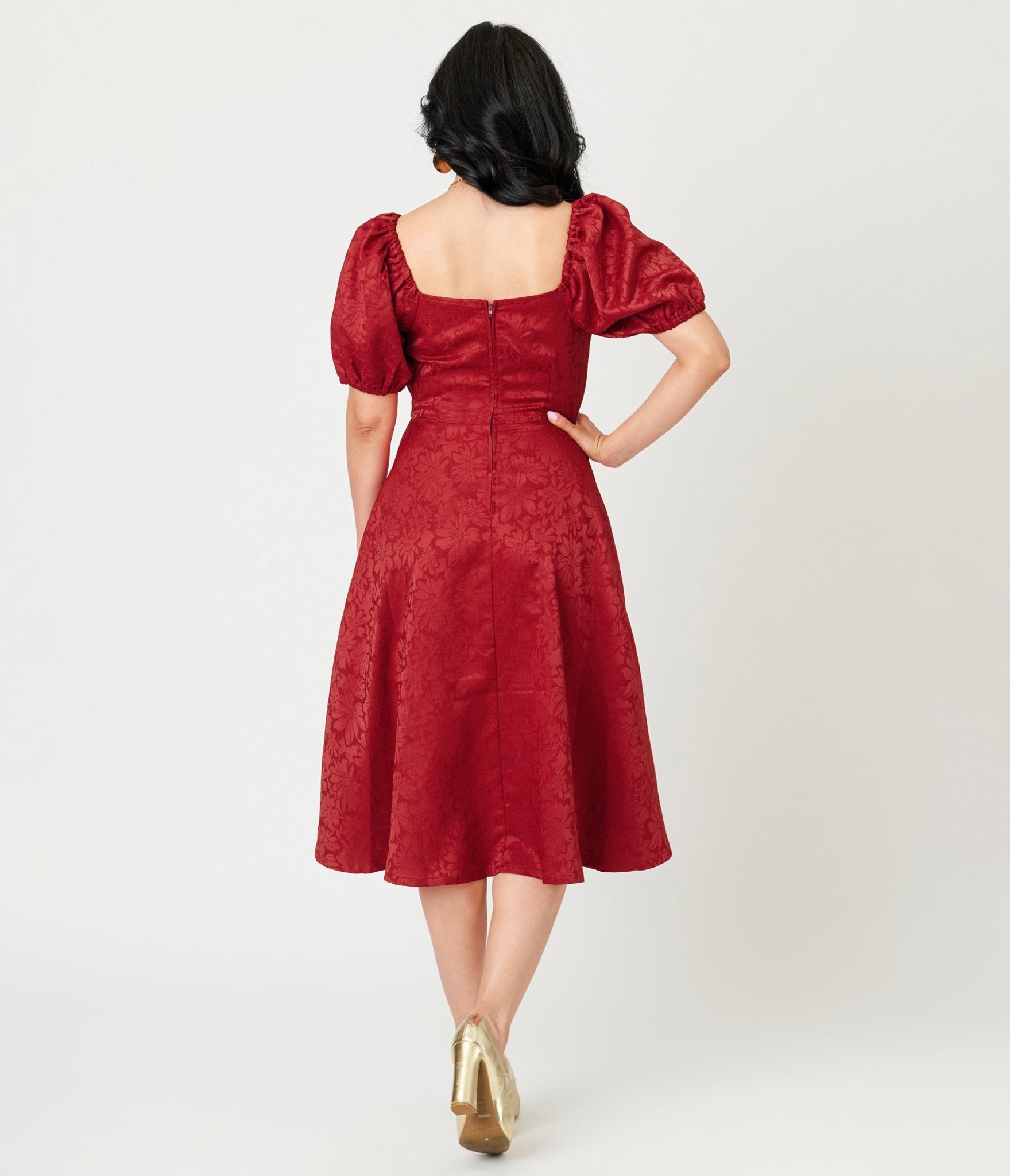 Unique Vintage Burgundy Floral Jacquard Sweetheart Swing Dress