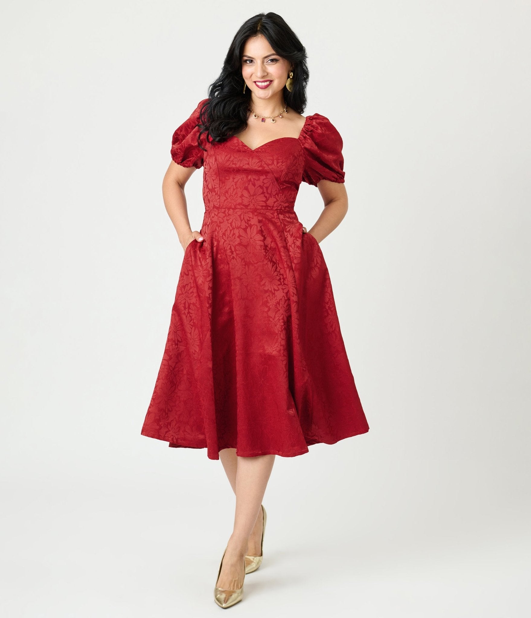 Unique Vintage Burgundy Floral Jacquard Sweetheart Swing Dress