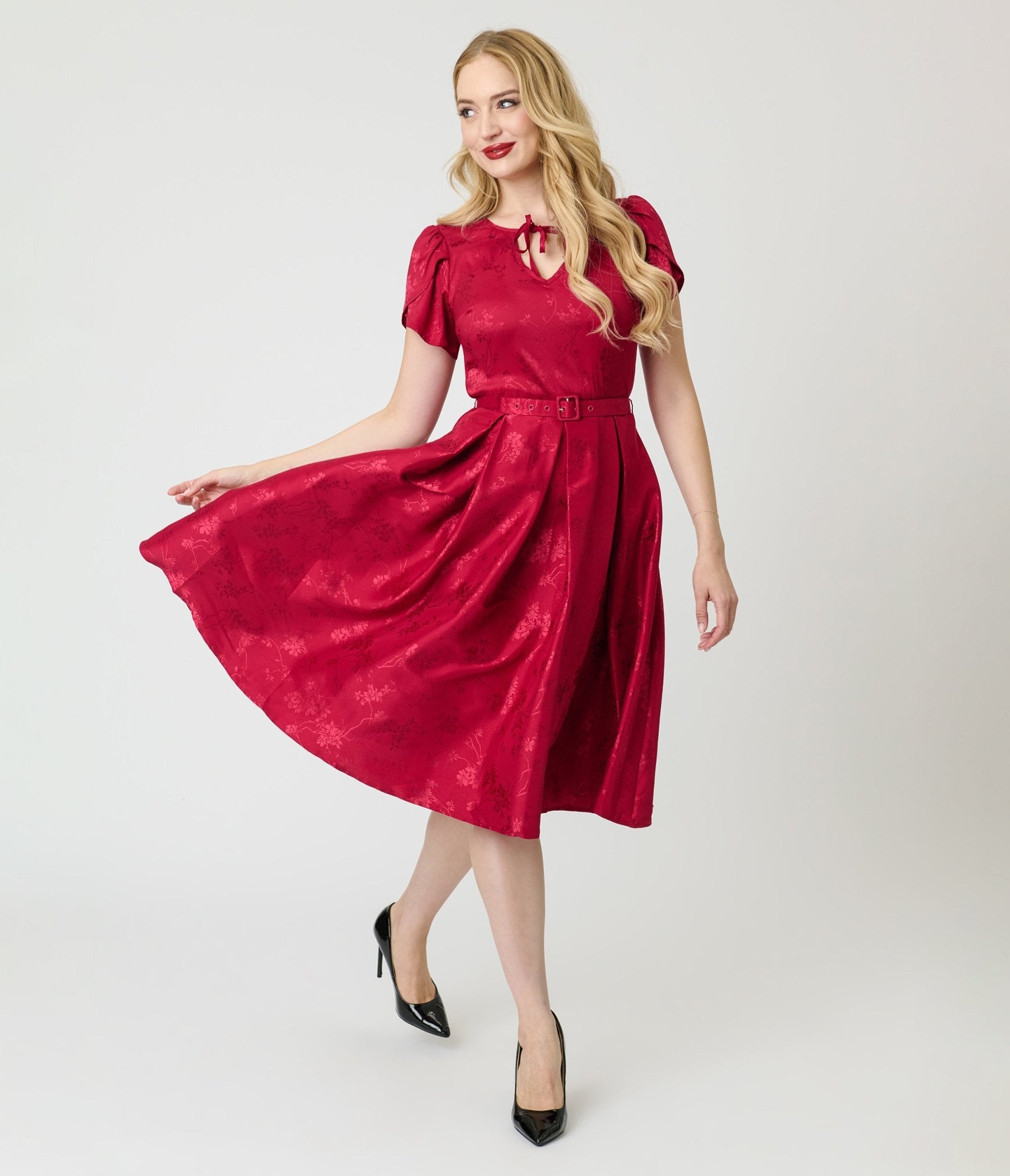 Unique Vintage Red Floral Print Dahlia Swing Dress