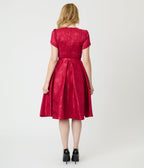 Unique Vintage Burgundy Floral Print Dahlia Swing Dress - Unique Vintage - Womens, DRESSES, SWING