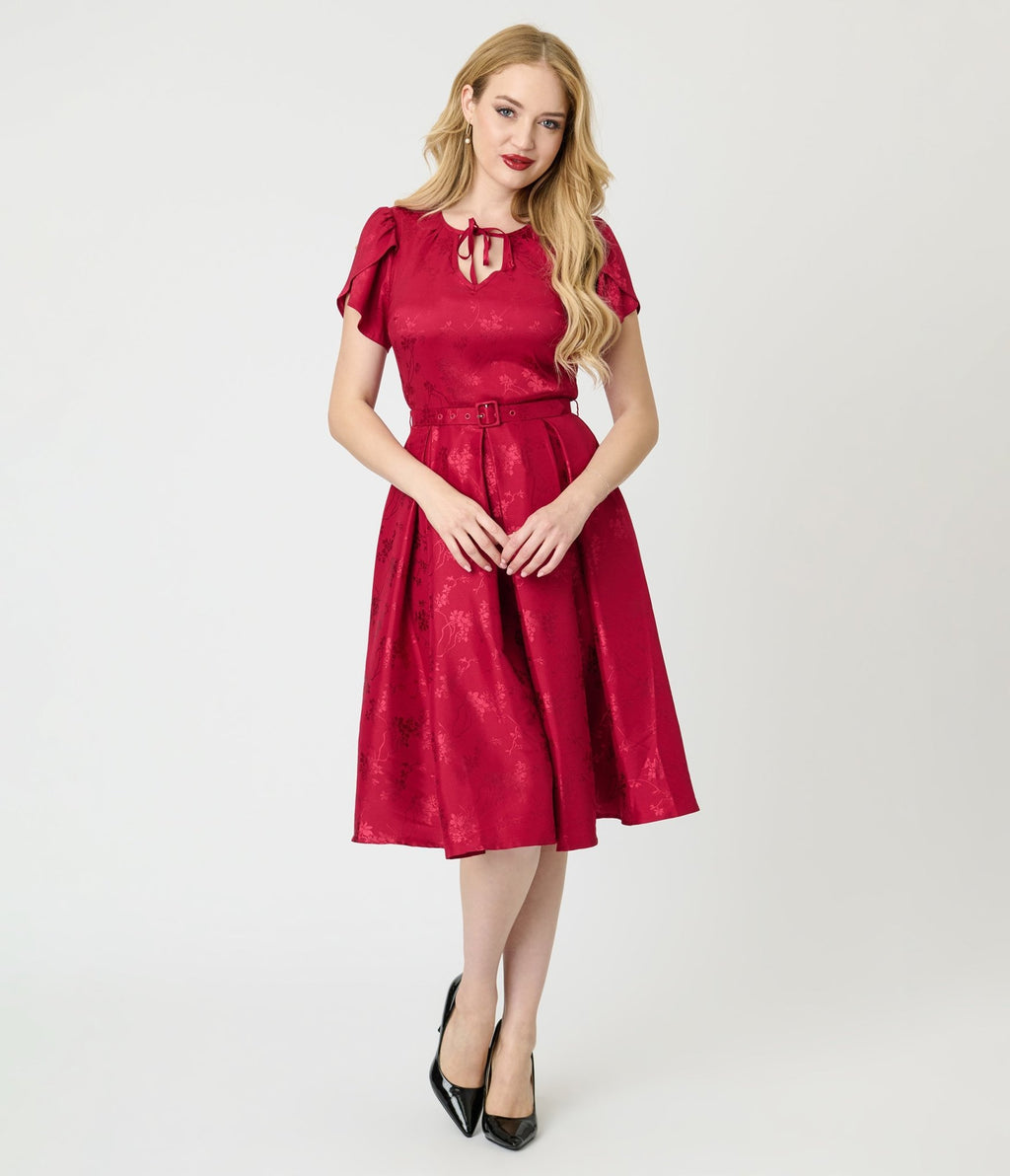 Unique Vintage Burgundy Floral Print Dahlia Swing Dress - Unique Vintage - Womens, DRESSES, SWING