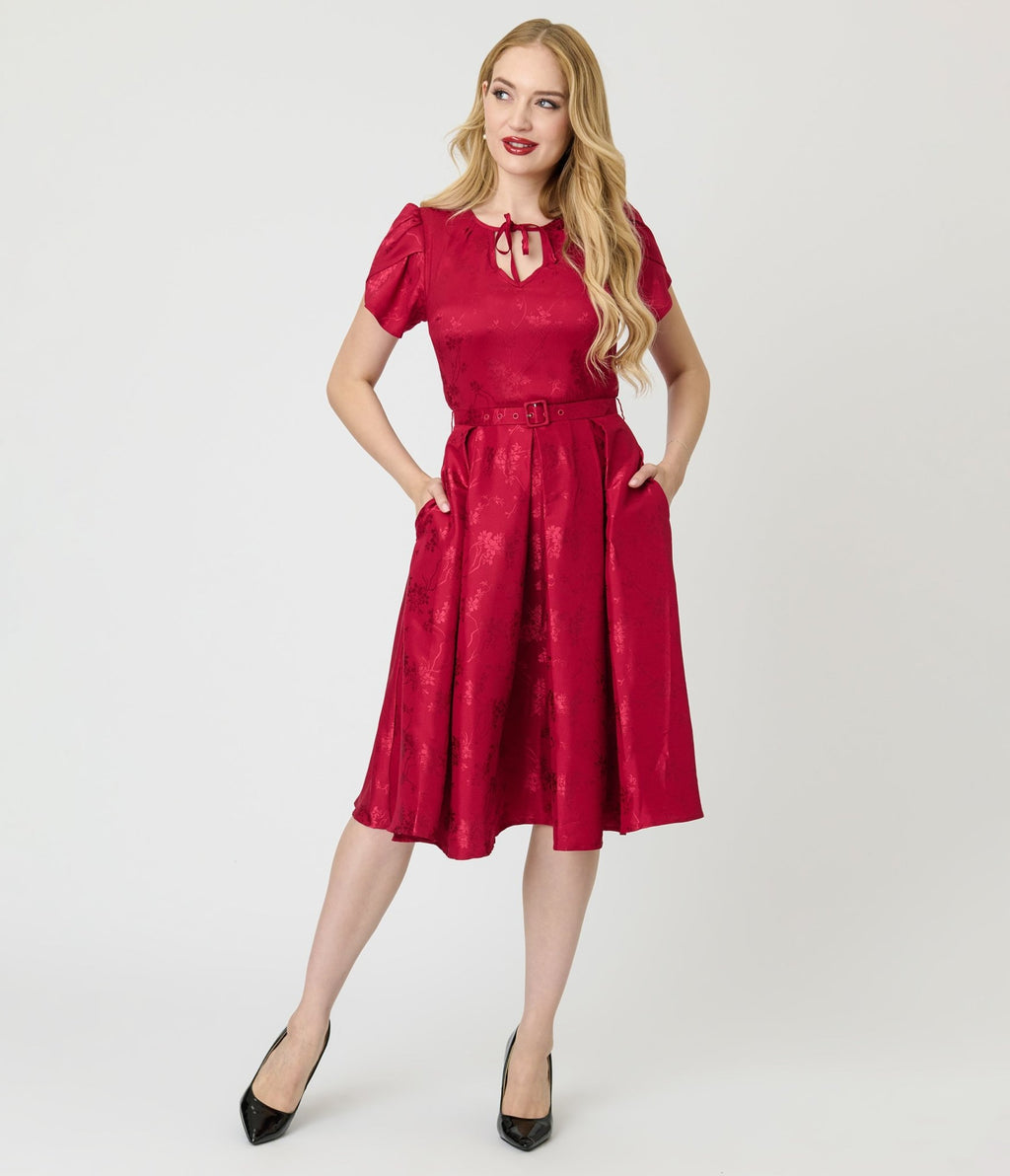 Unique Vintage Burgundy Floral Print Dahlia Swing Dress - Unique Vintage - Womens, DRESSES, SWING