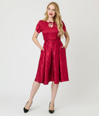 Unique Vintage Burgundy Floral Print Dahlia Swing Dress - Unique Vintage - Womens, DRESSES, SWING