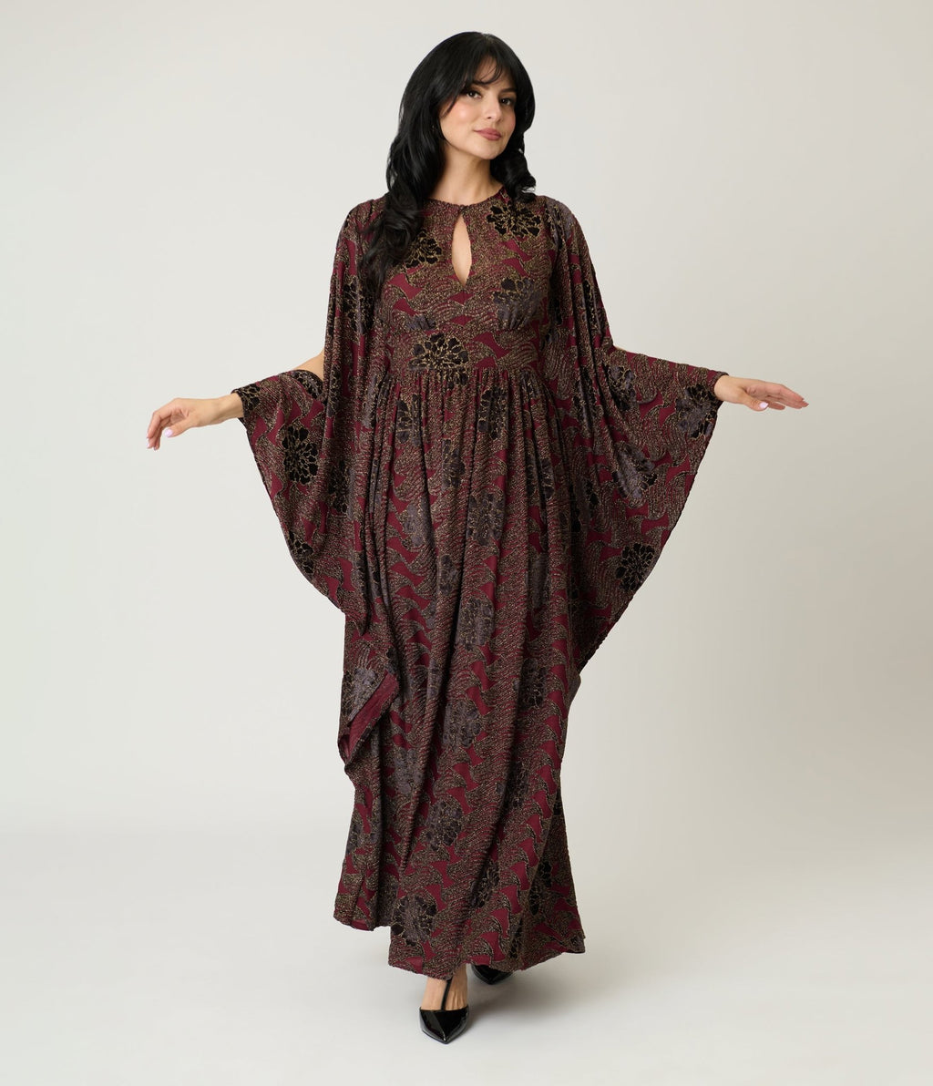 Unique Vintage Burgundy Floral Velvet Flutter Sleeve Caftan - Unique Vintage - Womens, DRESSES, MAXI