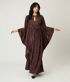 Unique Vintage Burgundy Floral Velvet Flutter Sleeve Caftan - Unique Vintage - Womens, DRESSES, MAXI